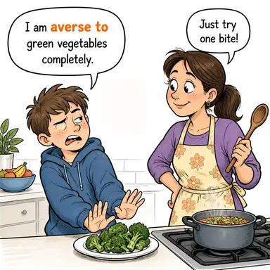 averse to (karşı, isteksiz, muhalif) karikatürü — diyalogla bağlam içinde öğren