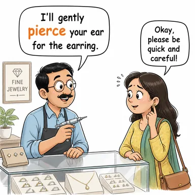 pierce (delmek, delip geçmek, (ses) kulak tırmalamak) karikatürü — diyalogla bağlam içinde öğren