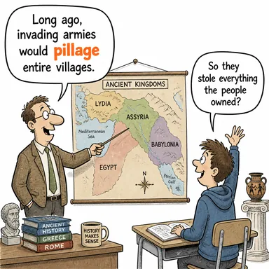 pillage (yağmalamak, talan etmek) karikatürü — diyalogla bağlam içinde öğren