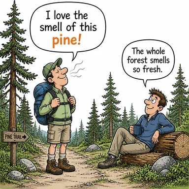 pine (çam ağacı; (fiil) hasretini çekmek) karikatürü — diyalogla bağlam içinde öğren