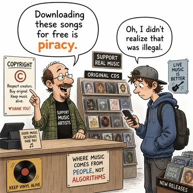 piracy (korsanlık, telif hakkı ihlali) karikatürü — diyalogla bağlam içinde öğren