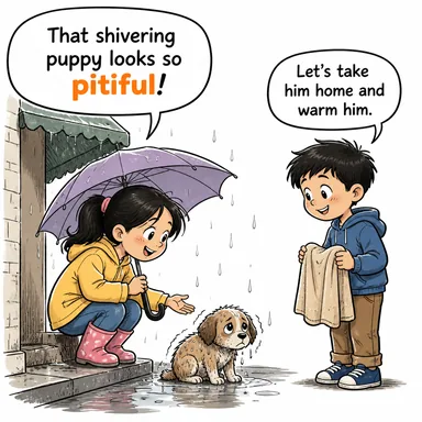 pitiful (acınası, yürek parçalayan) karikatürü — diyalogla bağlam içinde öğren