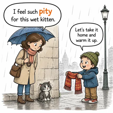 pity (merhamet, acıma; yazık) karikatürü — diyalogla bağlam içinde öğren