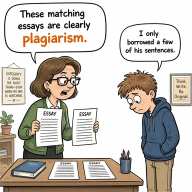 plagiarism (intihal, eser hırsızlığı) karikatürü — diyalogla bağlam içinde öğren