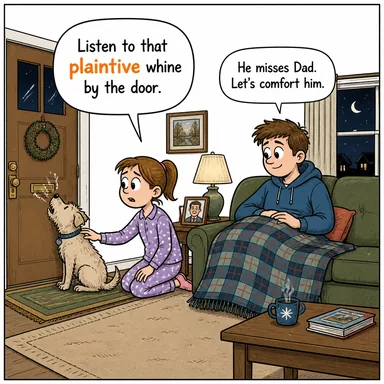 plaintive (hüzünlü, kederli, dertli (ses/ton)) karikatürü — diyalogla bağlam içinde öğren