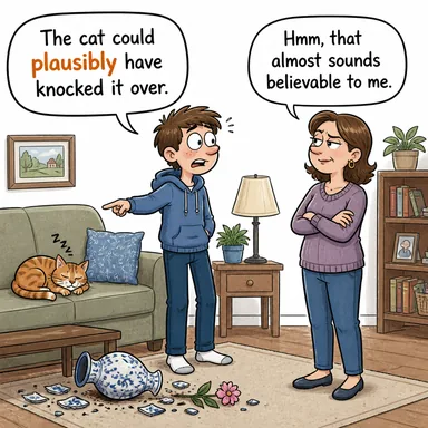 plausibly (makul bir şekilde, akla yatkın olarak) karikatürü — diyalogla bağlam içinde öğren