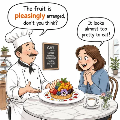 pleasingly (memnuniyet verici şekilde, hoşça) karikatürü — diyalogla bağlam içinde öğren