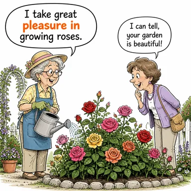 pleasure in (bir şeyden zevk almak/duymak) karikatürü — diyalogla bağlam içinde öğren