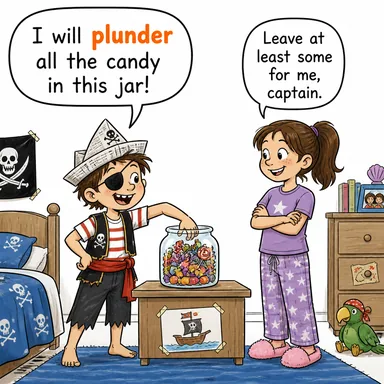 plunder (yağmalamak, talan etmek) karikatürü — diyalogla bağlam içinde öğren