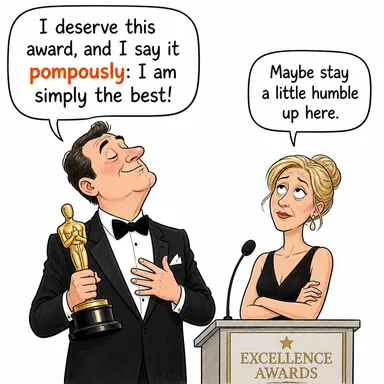 pompously (böbürlenerek, kendini beğenmiş bir şekilde) karikatürü — diyalogla bağlam içinde öğren
