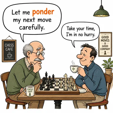 ponder (üzerine düşünmek, kafa yormak, ölçüp biçmek) karikatürü — diyalogla bağlam içinde öğren