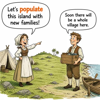 populate (nüfus oluşturmak, yerleşmek) karikatürü — diyalogla bağlam içinde öğren