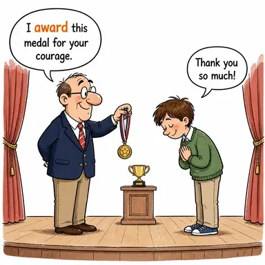award (ödüllendirmek, (ödül/ceza) vermek) karikatürü — diyalogla bağlam içinde öğren