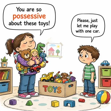 possessive (sahiplenici, paylaşmayan, mülkiyet belirten) karikatürü — diyalogla bağlam içinde öğren