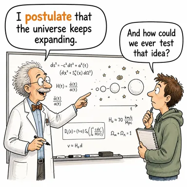 postulate (varsaymak, öne sürmek (teori)) karikatürü — diyalogla bağlam içinde öğren