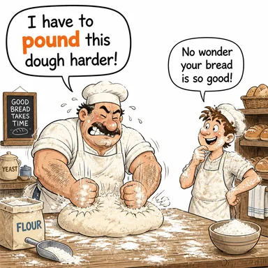 pound (güm güm vurmak, dövmek (havanda), çarpmak) karikatürü — diyalogla bağlam içinde öğren
