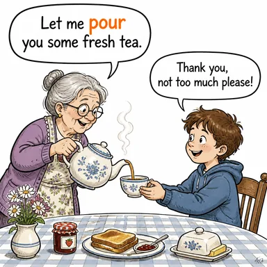 pour (dökmek, boşaltmak, sağanak yağmak) karikatürü — diyalogla bağlam içinde öğren