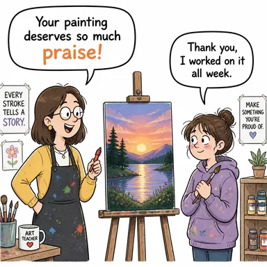 praise (övgü) karikatürü — diyalogla bağlam içinde öğren