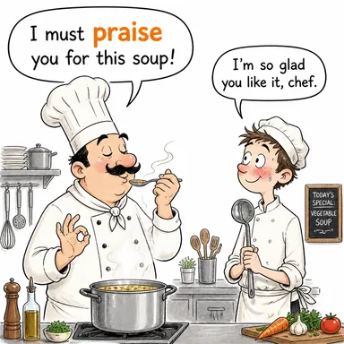 praise (övmek, methetmek) karikatürü — diyalogla bağlam içinde öğren