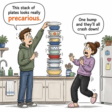 precarious (istikrarsız, tehlikeli, pamuk ipliğine bağlı) karikatürü — diyalogla bağlam içinde öğren
