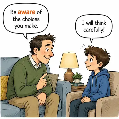 aware (bilinçli, farkında olan) karikatürü — diyalogla bağlam içinde öğren