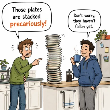 precariously (tehlikeli bir şekilde, istikrarsızca) karikatürü — diyalogla bağlam içinde öğren