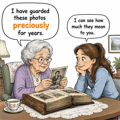 preciously (değerli bir şekilde, itinayla) karikatürü — diyalogla bağlam içinde öğren