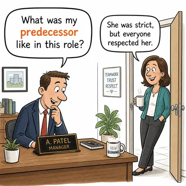 predecessor (selef, (görevde) kendinden önce gelen) karikatürü — diyalogla bağlam içinde öğren