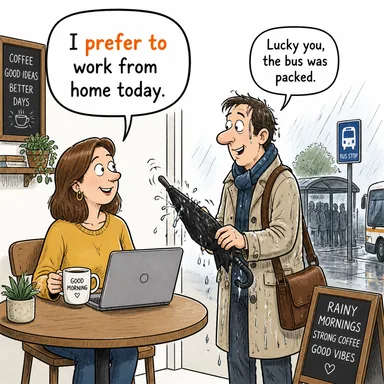 prefer to (tercih etmek, yeğlemek) karikatürü — diyalogla bağlam içinde öğren