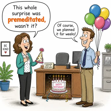 premeditated (tasarlanmış, kasıtlı, önceden planlanmış) karikatürü — diyalogla bağlam içinde öğren