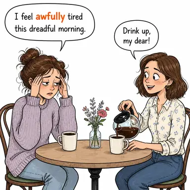awfully (korkunç bir şekilde, (konuşma dilinde) çok/aşırı) karikatürü — diyalogla bağlam içinde öğren