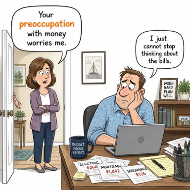preoccupation (zihni meşgul etme, saplantı, dalgınlık) karikatürü — diyalogla bağlam içinde öğren