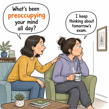 preoccupy (zihnini işgal etmek, meşgul etmek, endişelendirmek) karikatürü — diyalogla bağlam içinde öğren