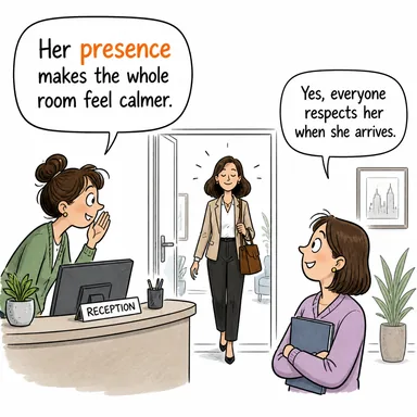 presence (varlık, mevcudiyet, hazır bulunma) karikatürü — diyalogla bağlam içinde öğren