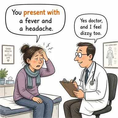 present with (sunmak, (belirti) göstermek) karikatürü — diyalogla bağlam içinde öğren