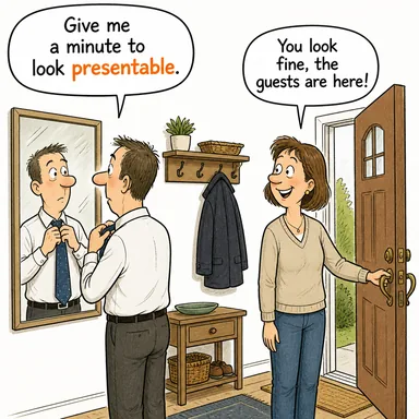 presentable (eli yüzü düzgün, sunulabilir, insan içine çıkabilir) karikatürü — diyalogla bağlam içinde öğren