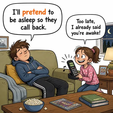 pretend (yapar gibi görünmek, -mış gibi yapmak, numaradan yapmak) karikatürü — diyalogla bağlam içinde öğren