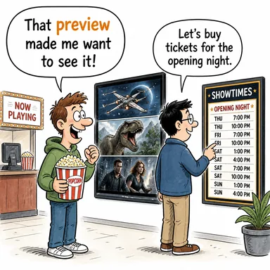 preview (ön izleme, ön gösterim, fragman) karikatürü — diyalogla bağlam içinde öğren
