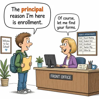 principal (ana, temel, asıl; okul müdürü) karikatürü — diyalogla bağlam içinde öğren