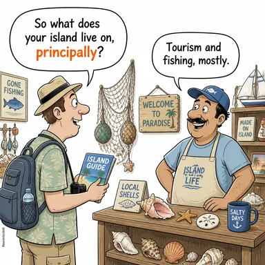principally (başlıca, esasen, bilhassa) karikatürü — diyalogla bağlam içinde öğren