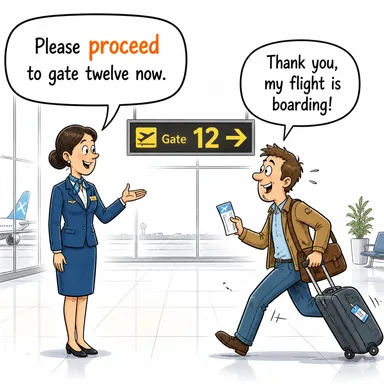 proceed (ilerlemek, devam etmek, eyleme geçmek) karikatürü — diyalogla bağlam içinde öğren