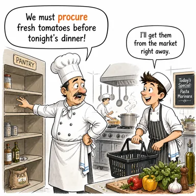 procure (edinmek, temin etmek, sağlamak) karikatürü — diyalogla bağlam içinde öğren