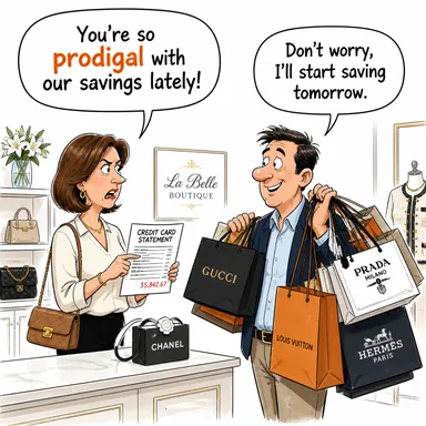 prodigal (müsrif, savurgan) karikatürü — diyalogla bağlam içinde öğren