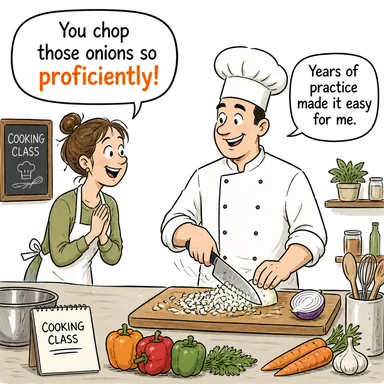 proficiently (ustaca, yetkin bir şekilde) karikatürü — diyalogla bağlam içinde öğren