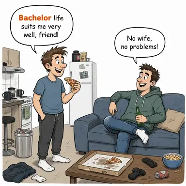 bachelor (bekar erkek, lisans mezunu) karikatürü — diyalogla bağlam içinde öğren
