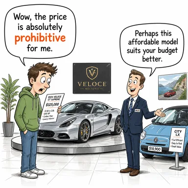 prohibitive (caydırıcı (fiyat), fahiş; yasaklayıcı) karikatürü — diyalogla bağlam içinde öğren