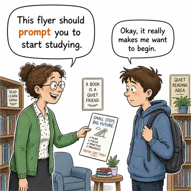 prompt (teşvik etmek, yol açmak, tetiklemek) karikatürü — diyalogla bağlam içinde öğren