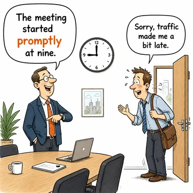 promptly (derhal, hemen, tam vaktinde) karikatürü — diyalogla bağlam içinde öğren