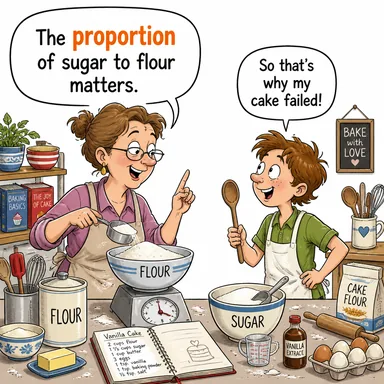 proportion (oran, orantı; kısım, bölüm) karikatürü — diyalogla bağlam içinde öğren