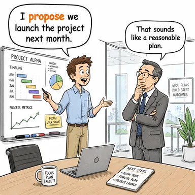 propose (önermek, teklif etmek, niyet etmek) karikatürü — diyalogla bağlam içinde öğren